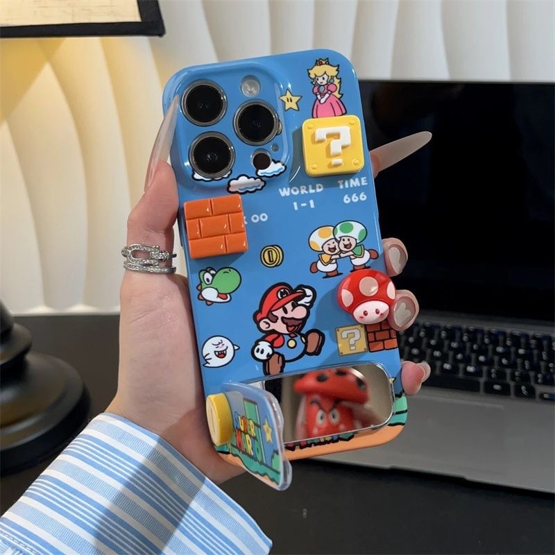 ✨casing iphone 17 16 15 14 13 12 11 XR Mario Mushroom dengan Stand Anti Jatuh Cute Design