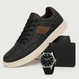 Tenis Couro Eco Masculino Sapatenis Kit Relogio Carteira Air Relogio Polo Sapatenis