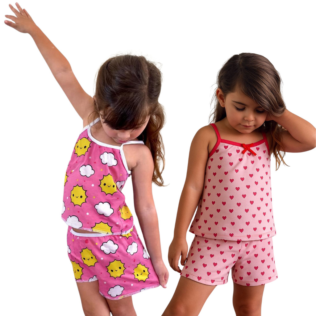 Kit 2 Conjuntos Pijamas Infantil Conforto Estampado Fresquinho Dia a Dia Menina Baby Dool e Short Dool Microfibra em Oferta na Shopee