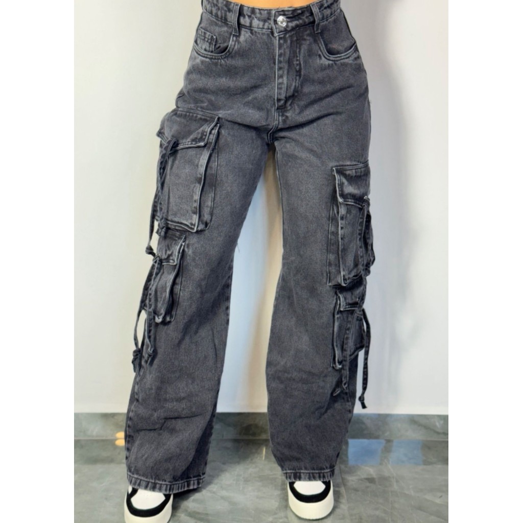 Calça Cargo Feminina Jeans Soltinha Bolso Lateral Cós Alto Grafite 23 ...