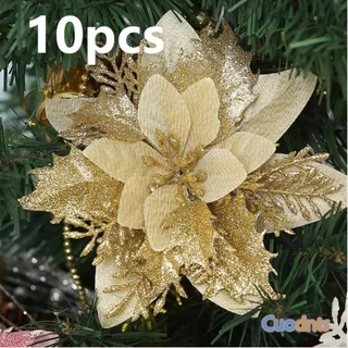 10 Pçs Flores Artificiais De Natal Ouro Vermelho Glitter Poinsétia Com Clipes Enfeites De Árvore DIY Grinalda Casamento 