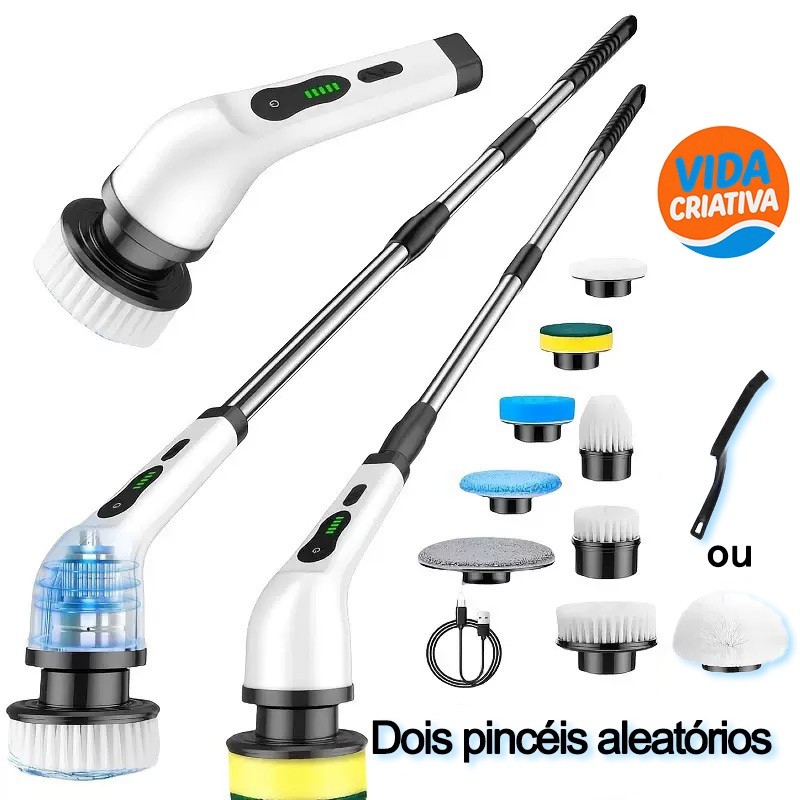 Escova de Limpeza 9 Em 1 Recarregavél Elétrica Giratória Com Cabo Alongador
