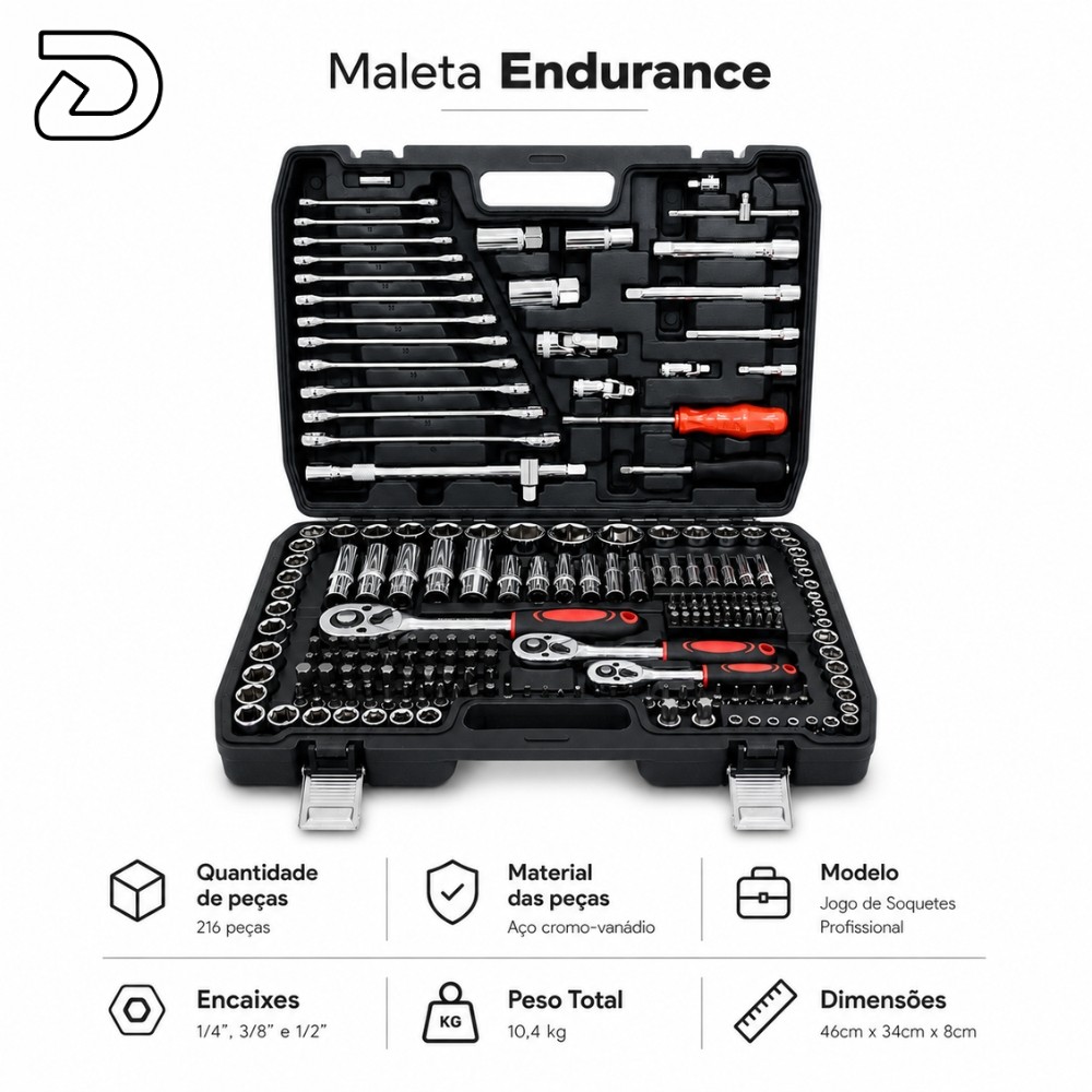 Jogo De Soquetes E Catraca 216 Peças Maleta Endurance Deend