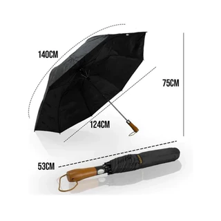 Guarda Chuva Preto Grande Automático Reforçado Cabo Madeira