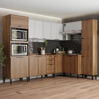 Armário de Cozinha Completa Miami Collect Carraro Branco com Freijó em Oferta na Shopee