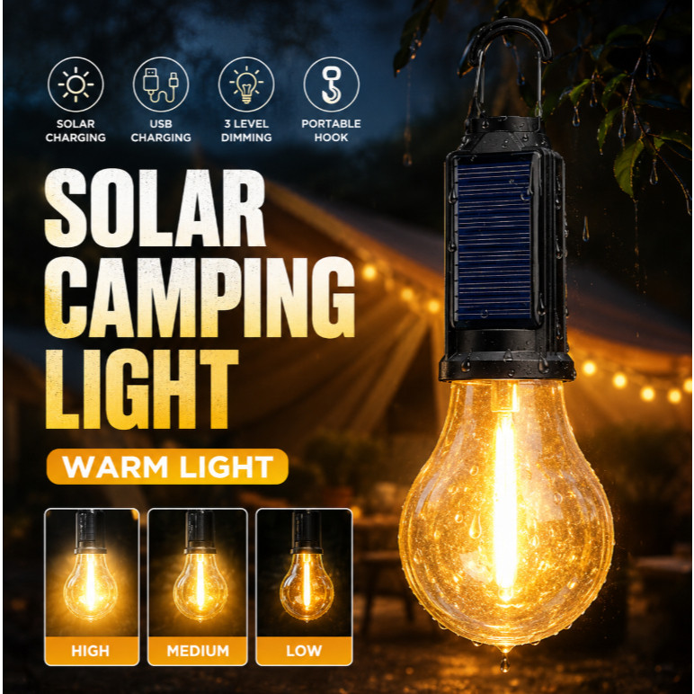 Lâmpada Solar LED Recarregável com Gancho e 3 Níveis de Brilho MT340