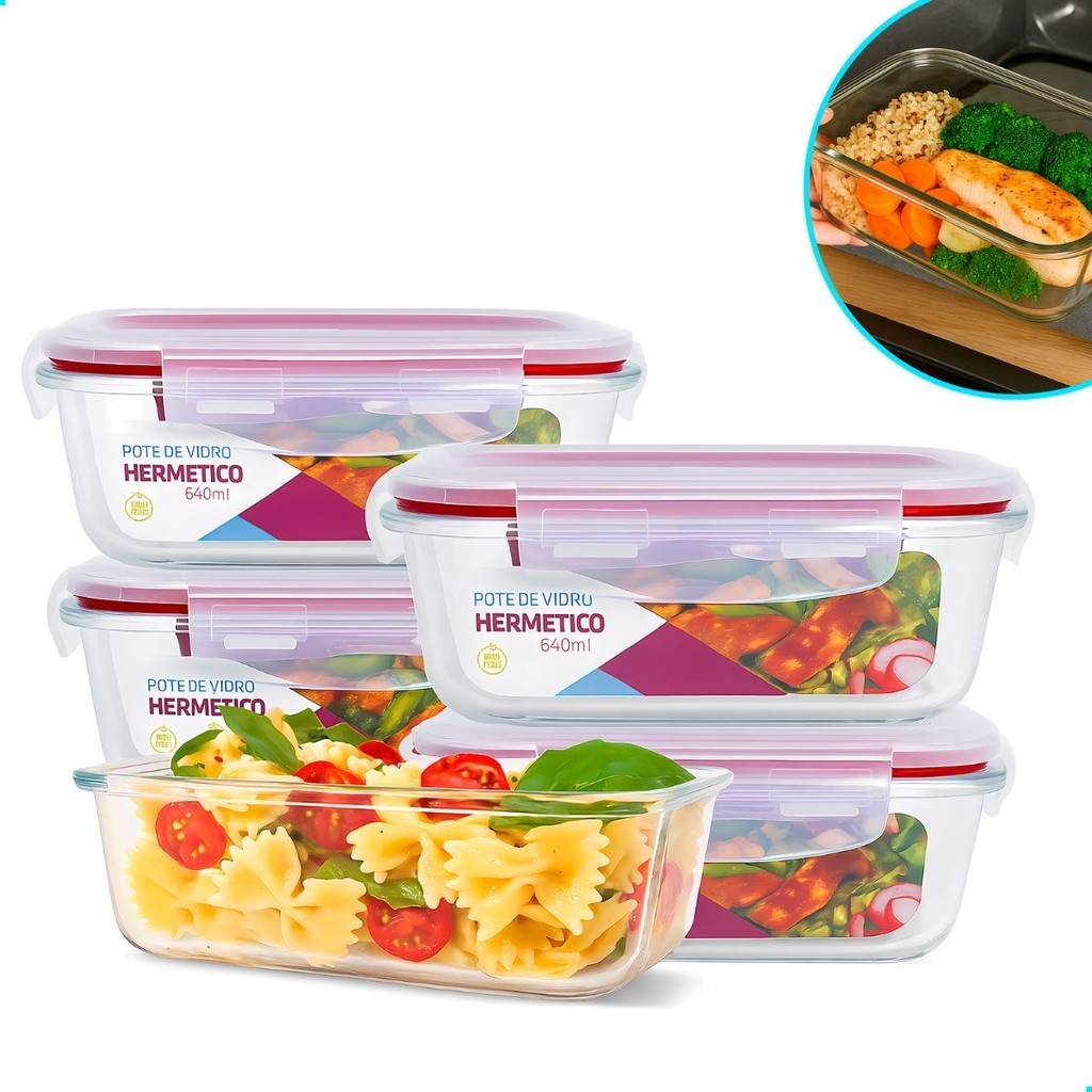 Kit 10 Potes de Vidro 640ml Hermético Marmita Fit com Tampa 4 Travas