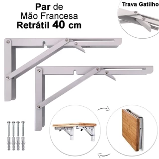 Kit 2 Suportes Mão Francesa Cantoneira Dobrável Retrátil Reforçada Prateleira Mesa 40cm