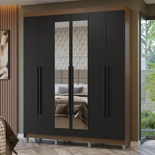 Guarda-Roupa Casal com Pés 6 Portas Batentes com Espelho Rustic/Preto/Preto Netuno Madesa em Oferta na Shopee