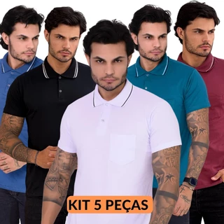 Kit 5 Camisetas Gola Polo Básica Masculina Plus Size em 100% algodão fio 30.1