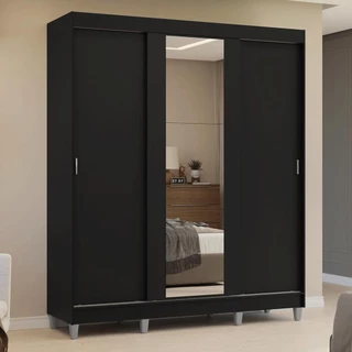 Guarda-Roupa Casal com Pés 3 Portas de Correr com Espelho Preto Reno Madesa em Oferta na Shopee