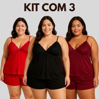 Kit 3 Pijamas Feminino Plus Size Liso Baby Doll Short Super Confortável Moda Feminina em Oferta na Shopee