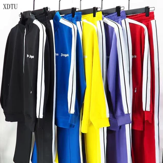 Conjunto esportivo de alta qualidade 2024, moda Palm Angels, com listras laterais, moletom, jaqueta e calças casuais FEX