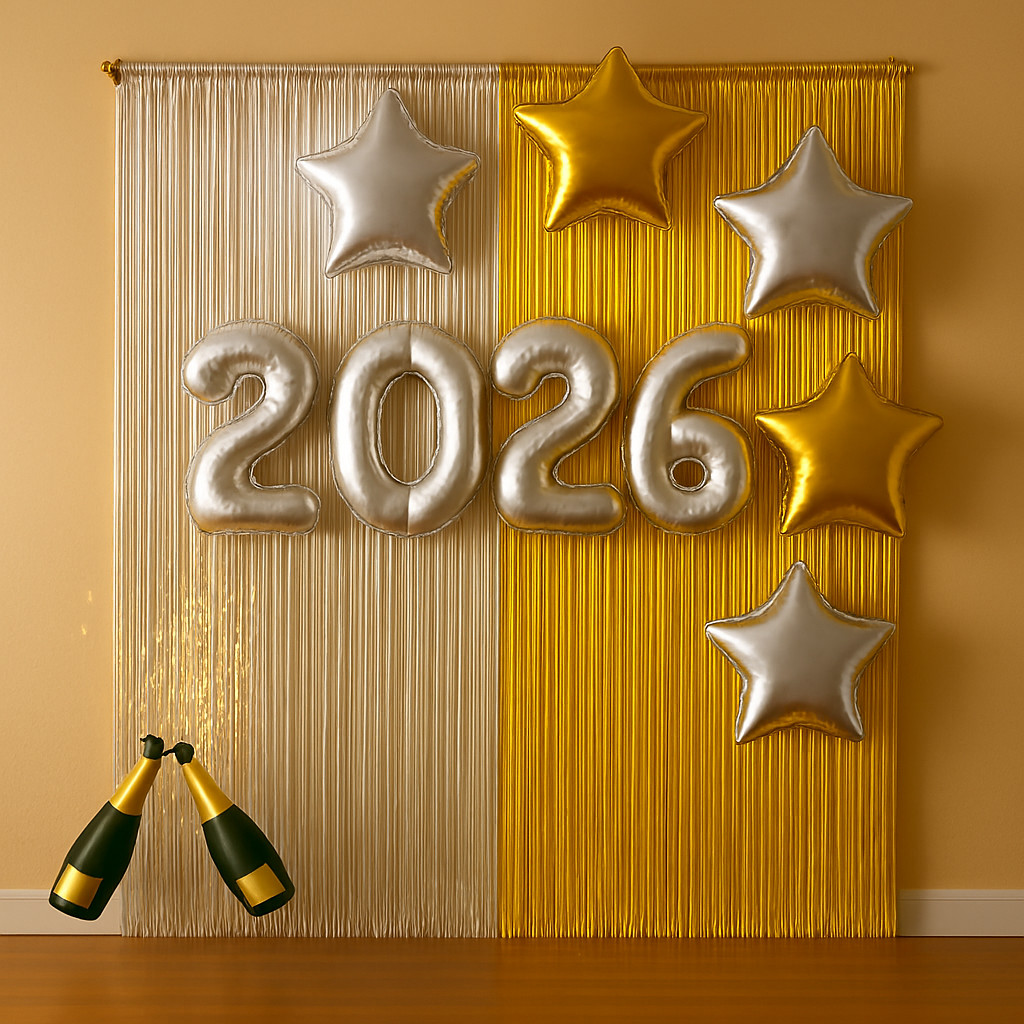 Kit Decoração 2026, 2 Cortinas Metalizadas 1x2m, 5 Balões Estrela 9",Festas, Eventos