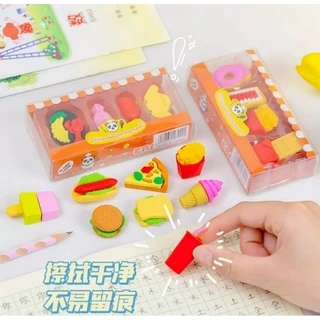 Kit 4 borrachas fofas mini fofo PANDA CHEFE modelo hambúrguer batata refrigerante sanduíche Papelaria criativa sortido