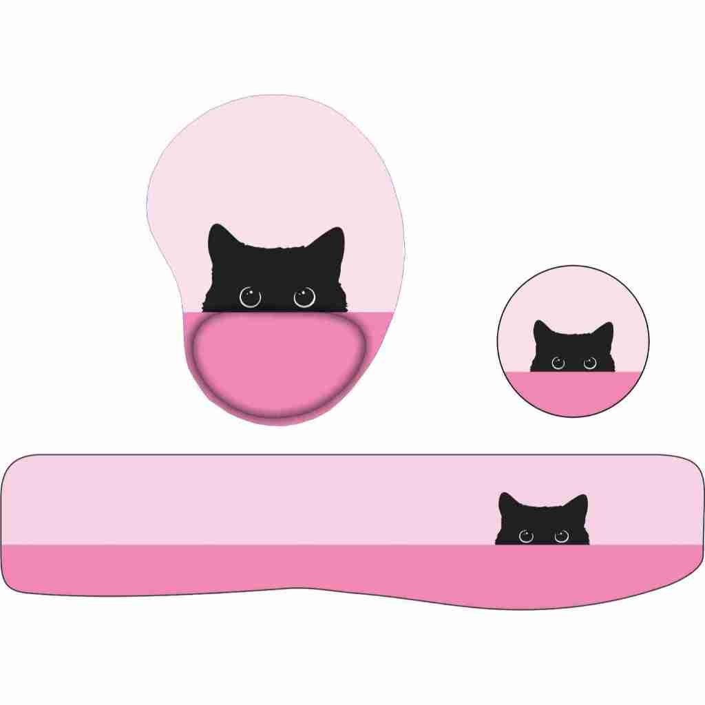 Kit Mouse Pad + Apoio de Teclado Gatinho escondido rosa + porta copos ...