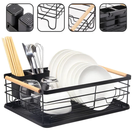 Escorredor Organizador De Louças Inox Com Alça em Bambu e Porta Talheres