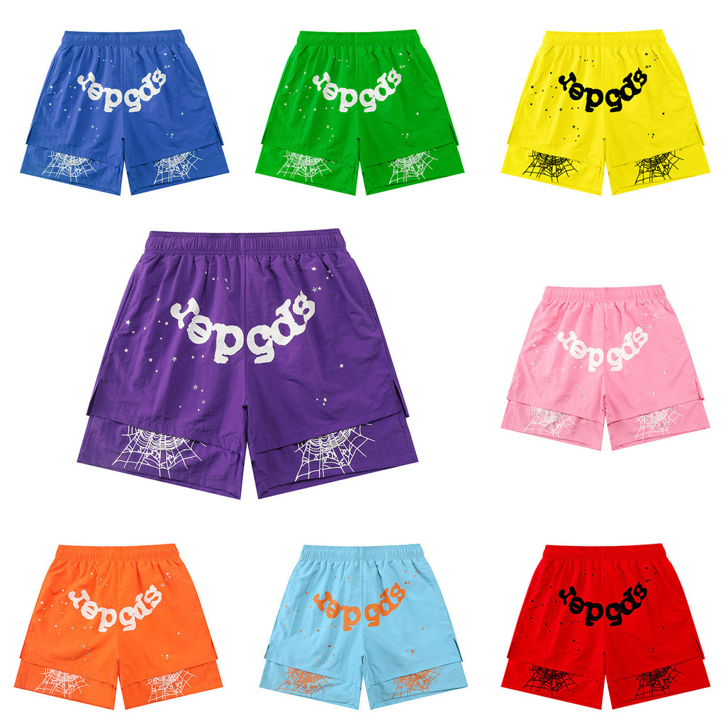 SP5DER Spider Web YoungThug Hip Hop Street Shorts Casuais Homens