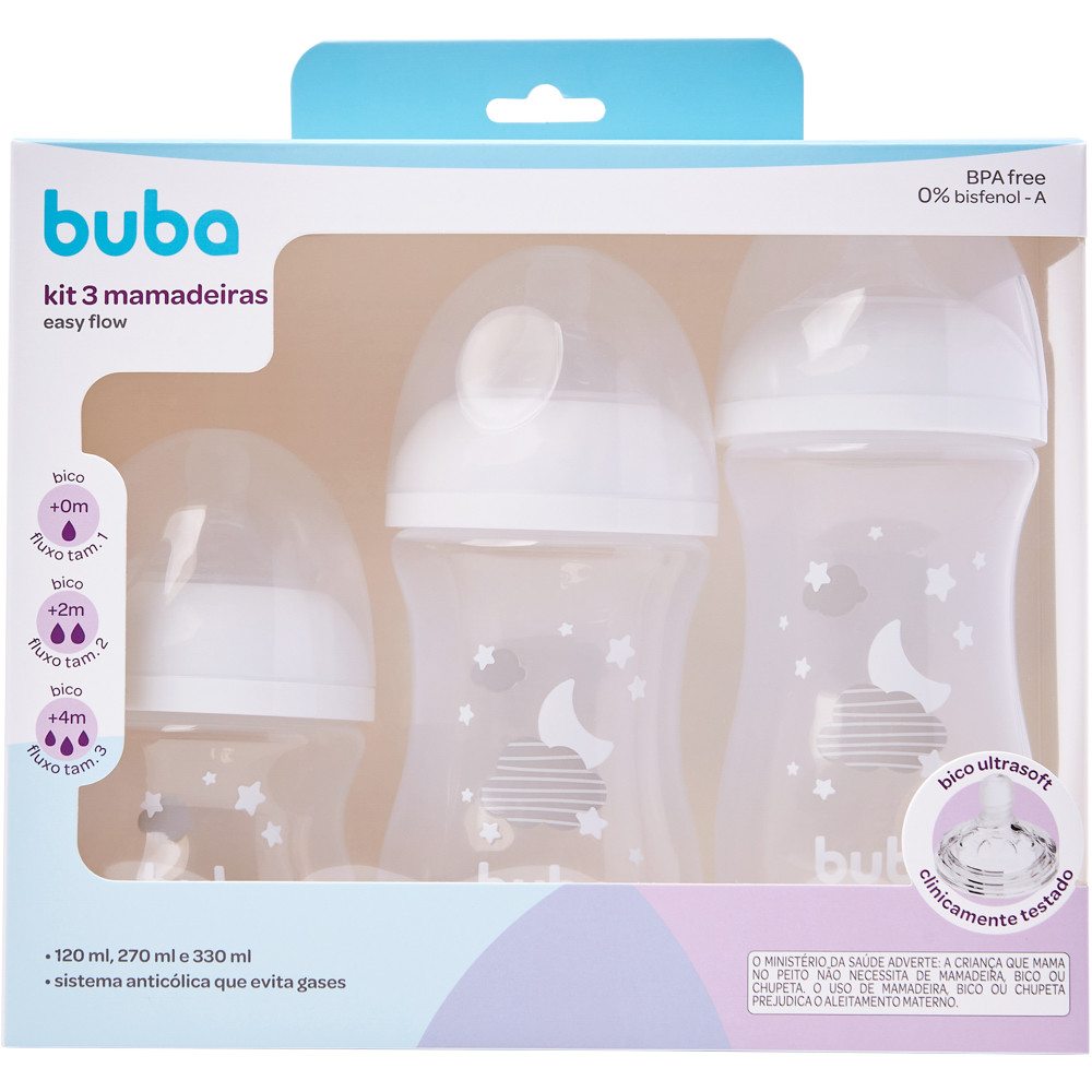 Kit 3 Mamadeira Buba Easy Flow Nuvem ou Elefante Anticólica Silicone ...