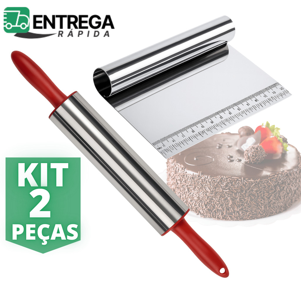 Kit 2 Peças Rolo de Massa Pizza Pão Pastel Inox 37,5cm + Esp