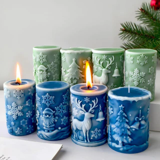 Moldes De Vela De Natal De Cilindro 3D , Molde De Sabão De Silicone Em Relevo Árvore E Padrão De Rena De Alce Para Decor