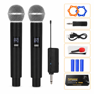 Microfone Wireless Duplo UHF com Receptor Plug P10 Karaokê Igreja Palestra Show
