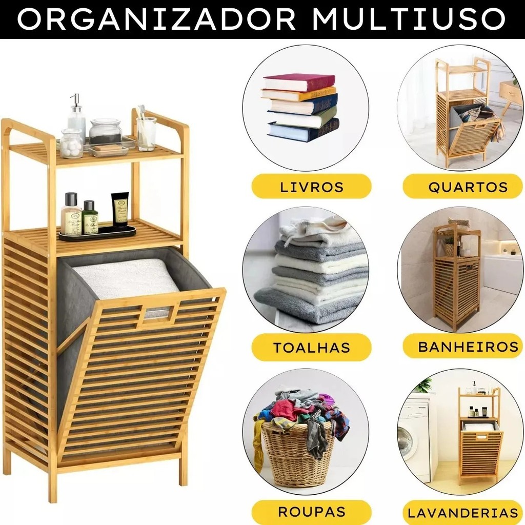 Rack De Bambu Cesto De Roupas Lavanderia C/ 2 Prateleiras Organizador Grande