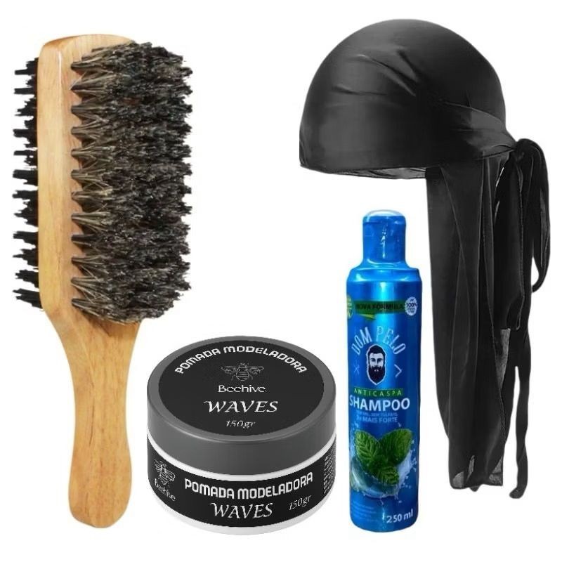 Kit Waves Masculino Completo 4 em 1 – Durag, Escova de Javali, Shampoo ...