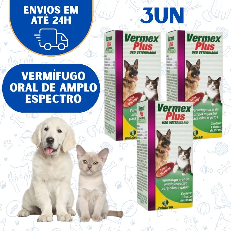 Kit 3 Vermex Plus 20ml – Vermífugo Oral Cães e Gatos | Shopee Brasil