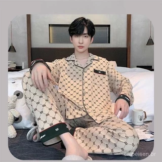 Pijamas Masculinos de Algodão Outono Inverno 55-105KG Manga Longa Tamanho Grande Conjunto de Roupas de Casa Solta em Oferta na Shopee