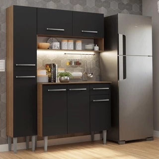 Armário de Cozinha Compacta 137 cm Rustic/Preto Emilly Madesa 012 em Oferta na Shopee