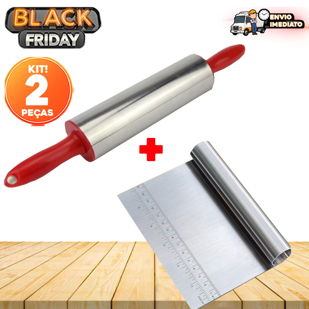 Kit Rolo de Massa Giratório de Inox 37,5cm + Espátula Tubula