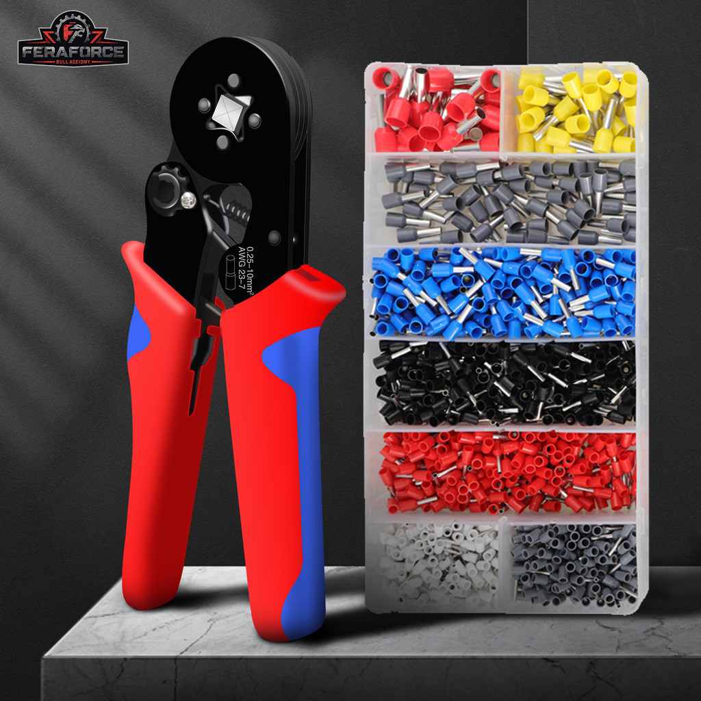 Kits Alicate Crimpar + 1200 Terminais Ilhós 0,25 Até 10mm² Crimpador Catraca Ajustável de Segurança