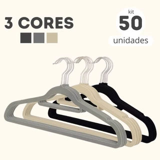 Kit 50 Cabides De Veludo Antideslizante Ultra Fino Slim Cinza Bege Preto