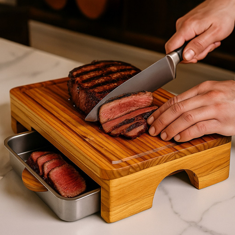 Tábua de Carne Inteligente em Madeira Teca – Porta Carnes Resistente e ...