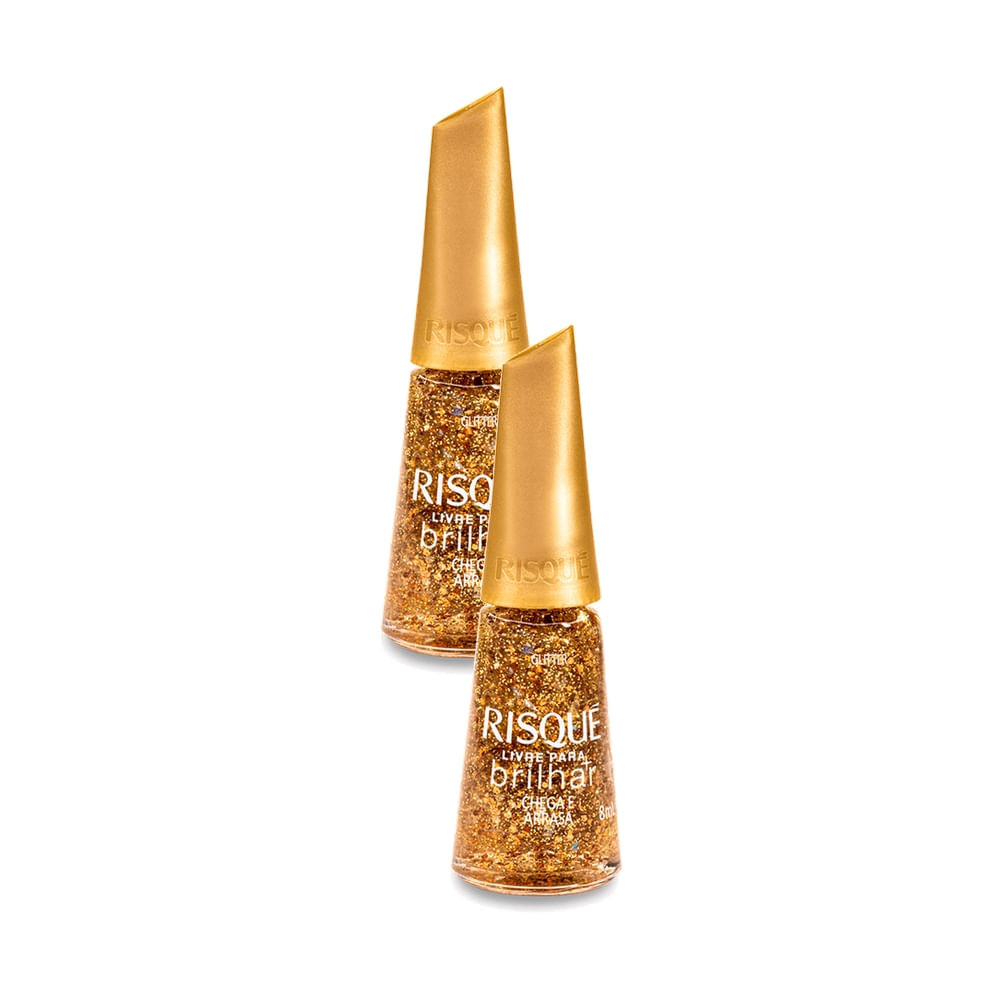 Kit 2 Esmalte Risqué Livre para Brilhar Glitter Dourado Cor Chega e ...