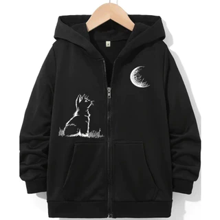 Moletom Canguru Ziper Blusa de Frio Gatinho Fofo Lua Minimalista Quentinho Algodão
