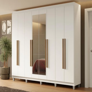 Guarda-Roupa Casal com Pés 8 Portas Batentes com Espelho Branco/Branco/Rustic Netuno Madesa em Oferta na Shopee