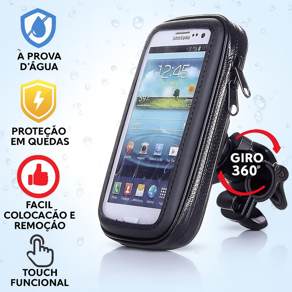 Suporte de Celular para Bicicleta à Prova d’Água 360° Giratório com Tela Touch