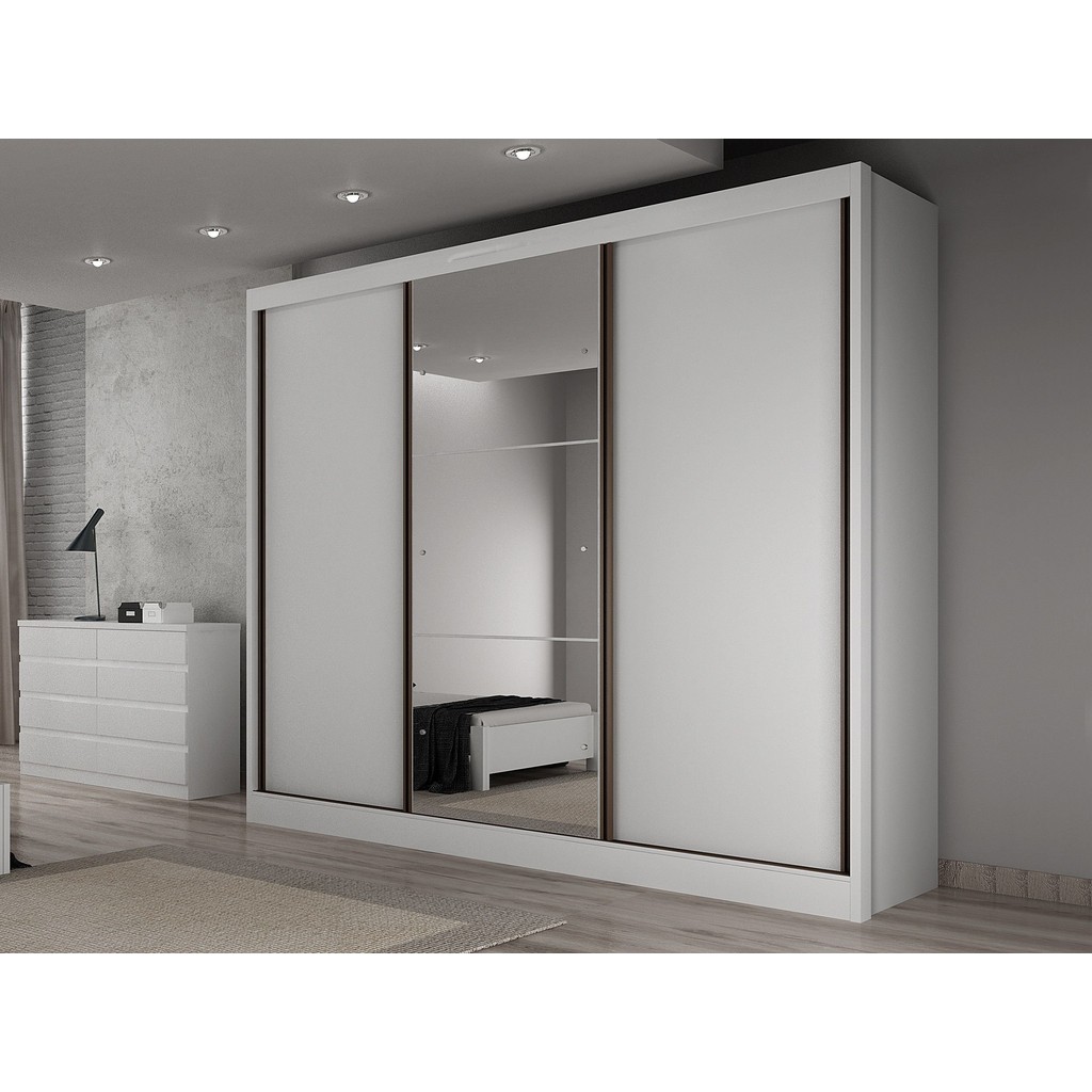 Guarda-Roupa Casal MDF com Espelho 3 Portas 6 Gavetas Soberano Branco