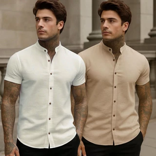 Kit 2 Camisa Social Masculina Linho Gola Padre Manga Curta Premium
