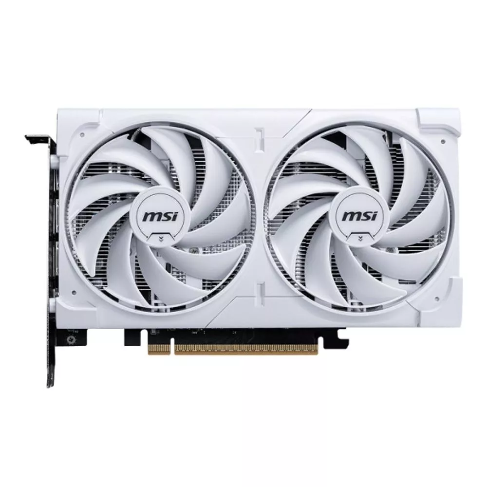 Vista frontal da placa de vídeo MSI GeForce RTX 5060 Ventus 2X White com seus dois ventiladores