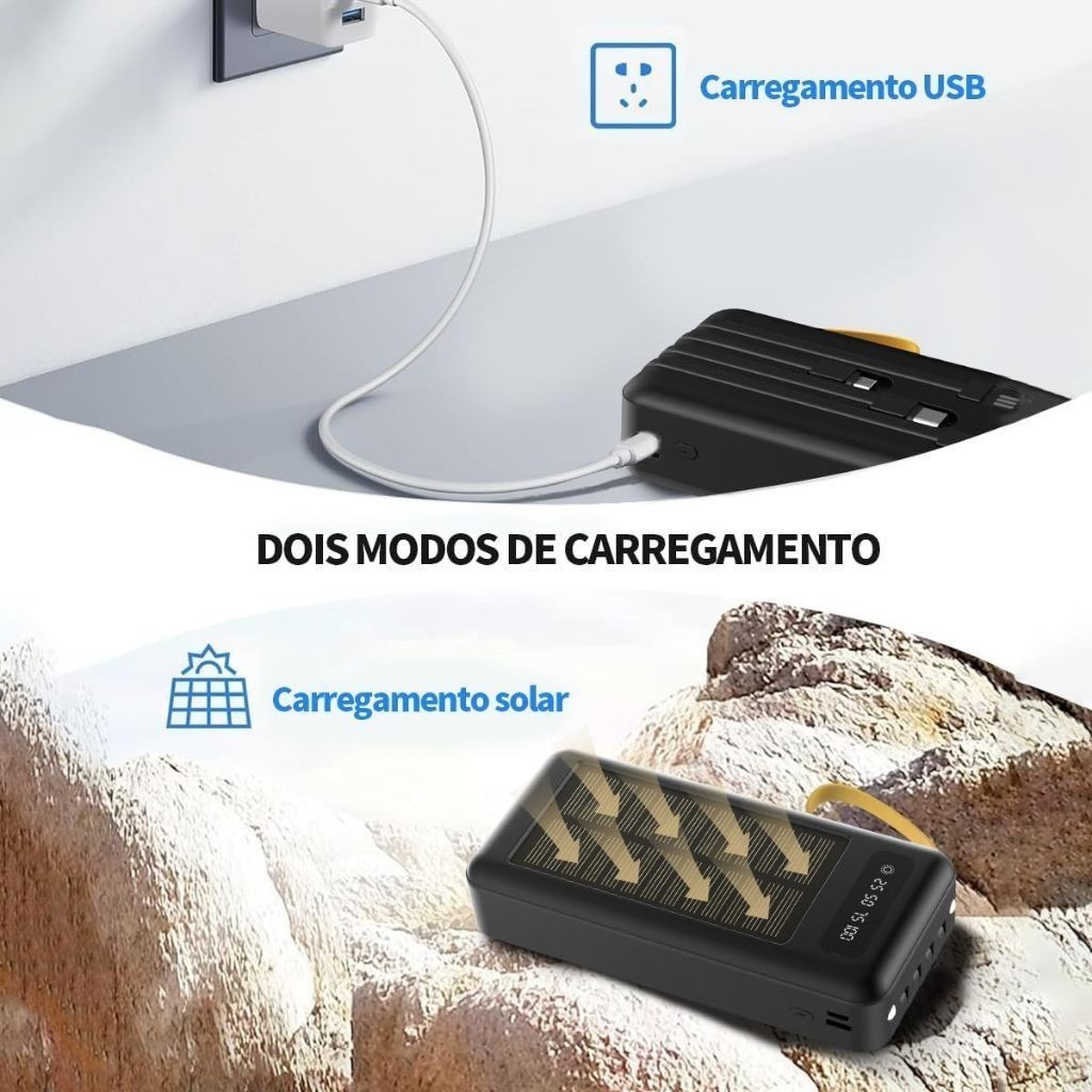 Product image Carregador Portátil Power Bank Solar 20.000mah Com cabos 5 Em1 LED lanterna 4