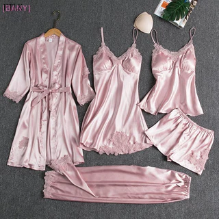 [BANY] Conjunto de Pijamas de Seda para Mulheres com 5 Peças, Vestido de Pijama com Decote em V e Camisola Us em Oferta na Shopee