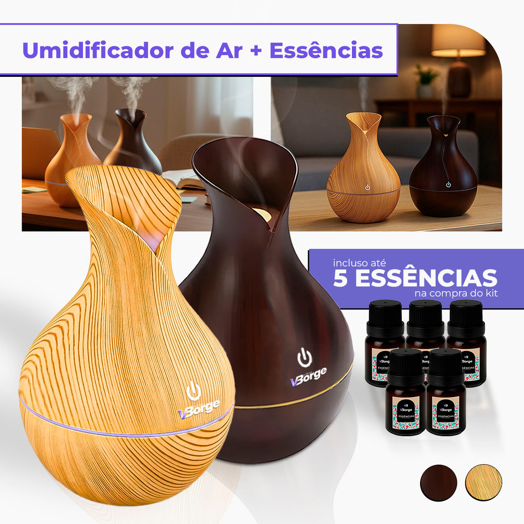 Umidificador De Ar + 5 Essências Hidrossolúvel | Difusor Modelo Vaso 200ml | Essências 10ml