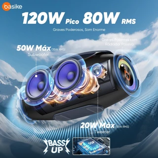 Basike Caixa de Som Bluetooth Estéreo  80W Potente IPX6 TWS RGB em Oferta na Shopee