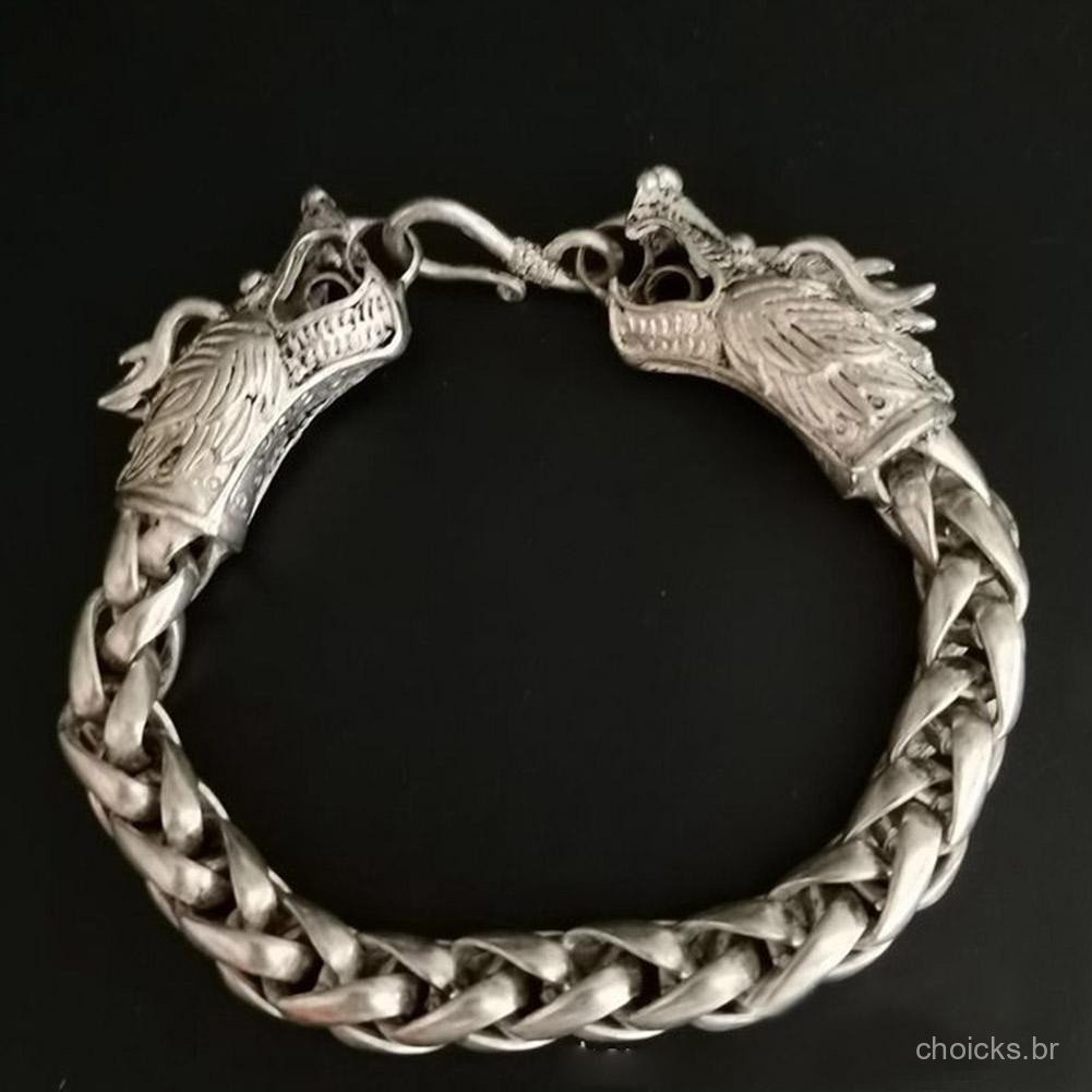 1 Peça Pulseira de Dragão de Prata Tibetana Chinesa Exquisita Oca de Cabeça Dupla Feita à Mão