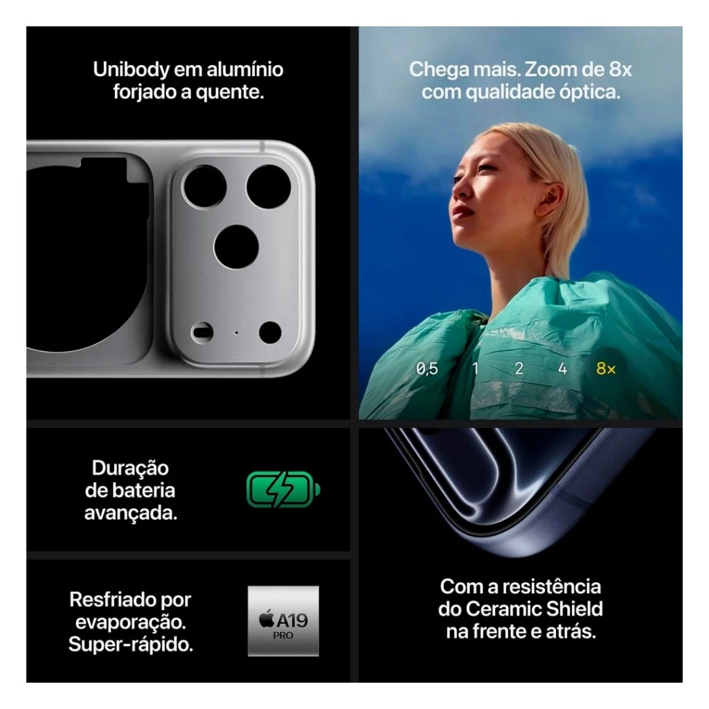 iPhone 17 Pro branco com ecrã ligado mostrando a interface do usuário