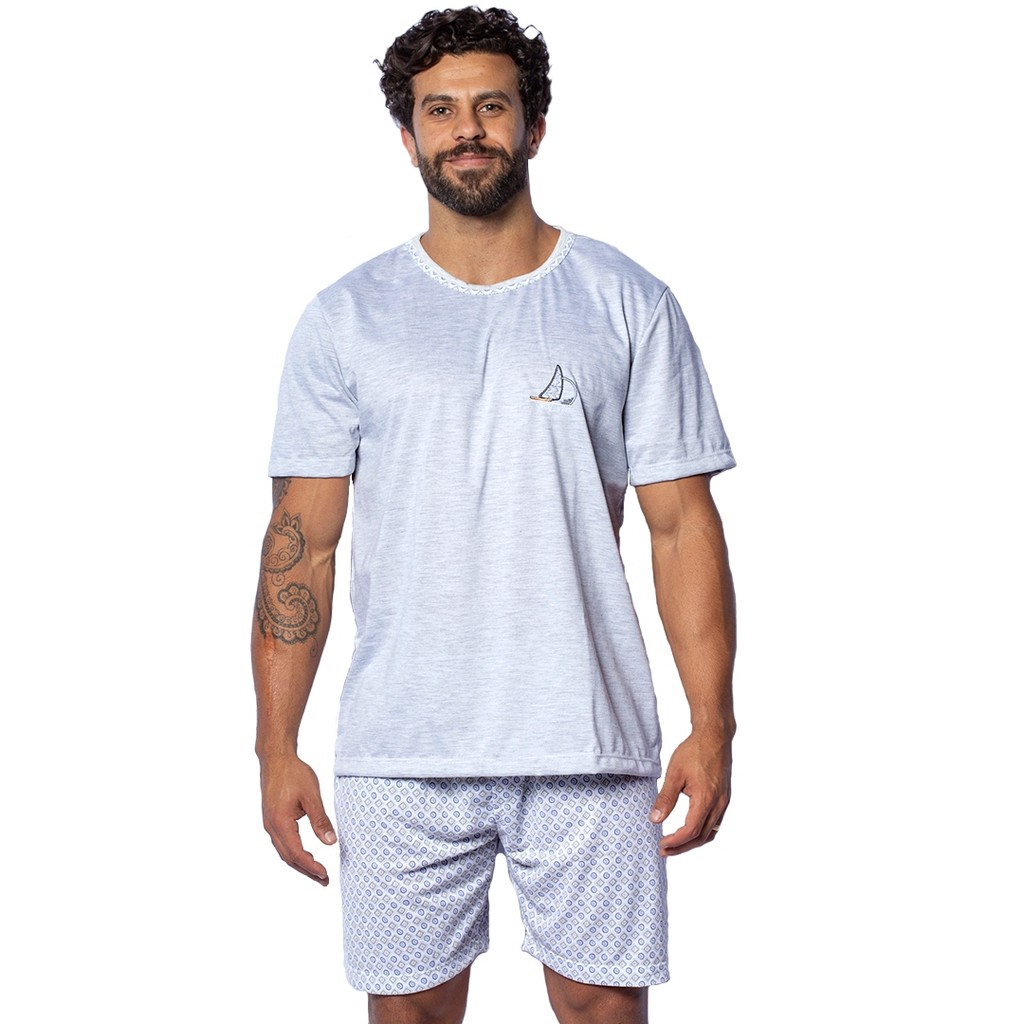 Pijama Liso Manga Curta Masculino Bordado Short Estampado Malha Conforto Conjunto Verão em Oferta na Shopee