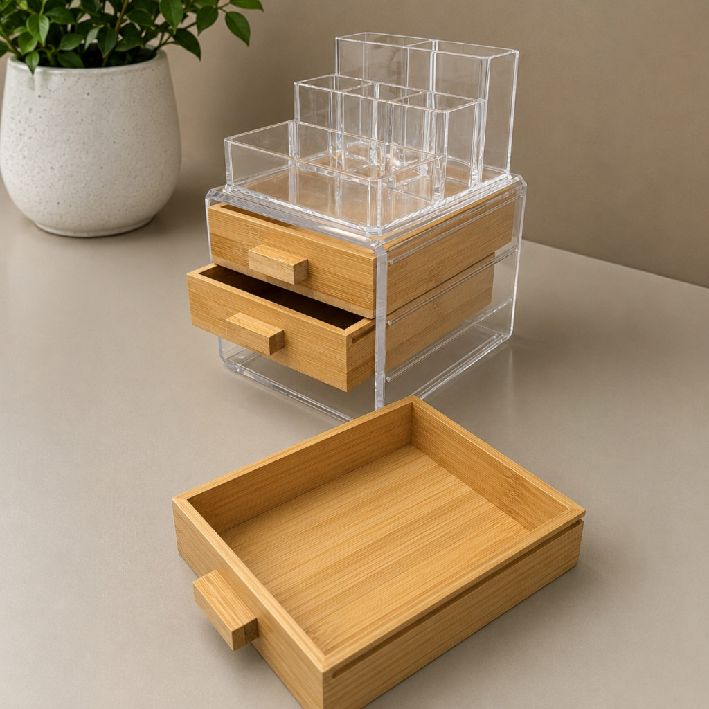 Kit Organizador Maquiagem com Porta Joia e Gavetas Bambu